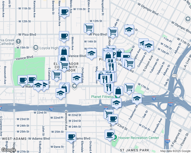 map of restaurants, bars, coffee shops, grocery stores, and more near 1807 Magnolia Avenue in Los Angeles