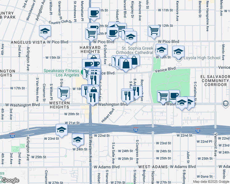 map of restaurants, bars, coffee shops, grocery stores, and more near 1810 South Hobart Boulevard in Los Angeles