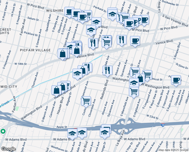 map of restaurants, bars, coffee shops, grocery stores, and more near 5200 Washington Boulevard in Los Angeles