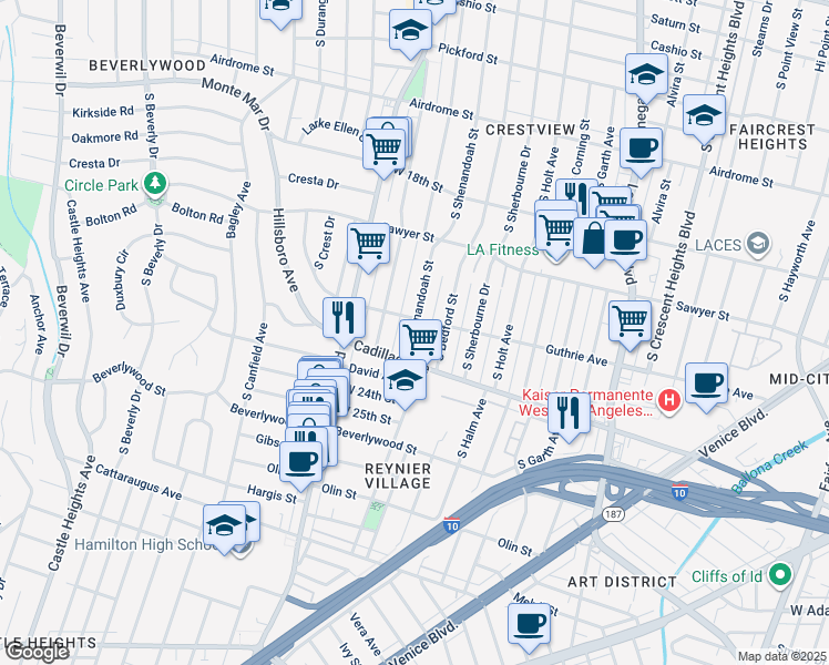 map of restaurants, bars, coffee shops, grocery stores, and more near 2021 South Bedford Street in Los Angeles
