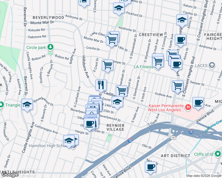 map of restaurants, bars, coffee shops, grocery stores, and more near 8939 Cadillac Avenue in Los Angeles