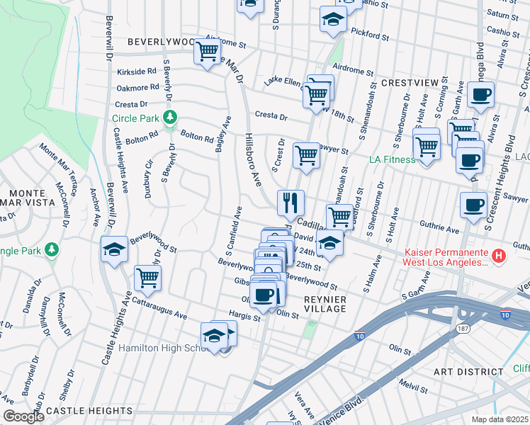 map of restaurants, bars, coffee shops, grocery stores, and more near 9027 David Avenue in Los Angeles