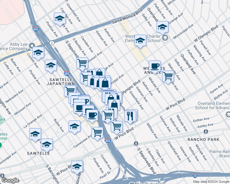 map of restaurants, bars, coffee shops, grocery stores, and more near 2146 South Bentley Avenue in Los Angeles