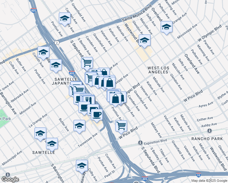map of restaurants, bars, coffee shops, grocery stores, and more near 2122 South Sepulveda Boulevard in Los Angeles