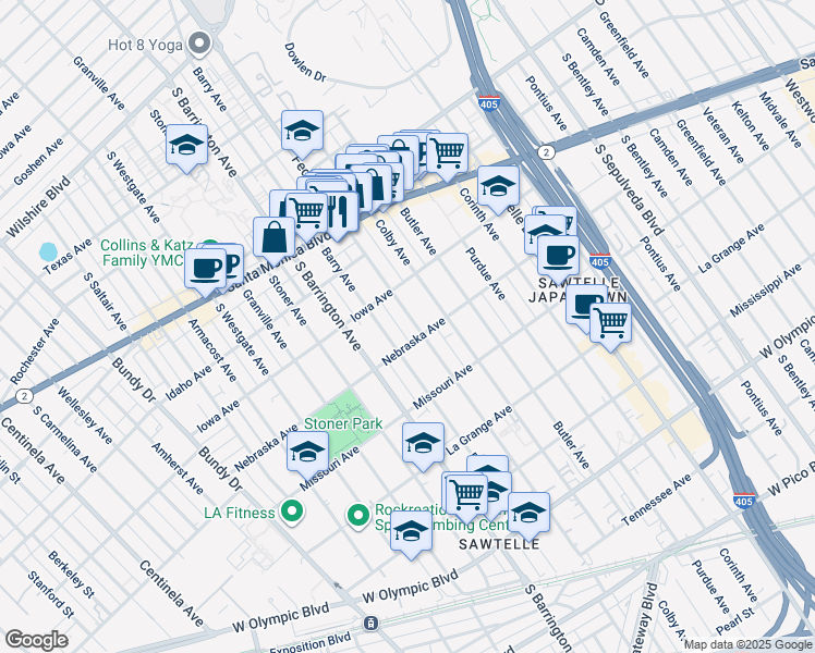 map of restaurants, bars, coffee shops, grocery stores, and more near 1740 Barry Avenue in Los Angeles