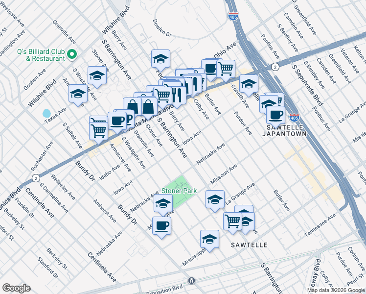 map of restaurants, bars, coffee shops, grocery stores, and more near 1718 South Barrington Avenue in Los Angeles