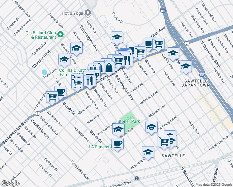 map of restaurants, bars, coffee shops, grocery stores, and more near 1644 Stoner Avenue in Los Angeles