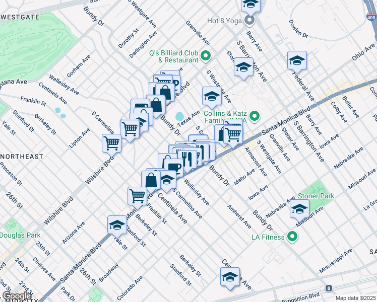 map of restaurants, bars, coffee shops, grocery stores, and more near 1408 Amherst Avenue in Los Angeles
