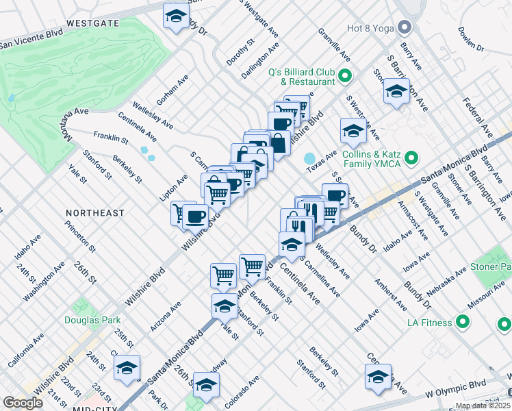 map of restaurants, bars, coffee shops, grocery stores, and more near 12323 Texas Avenue in Los Angeles