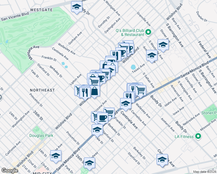 map of restaurants, bars, coffee shops, grocery stores, and more near 1245 McClellan Drive in Los Angeles