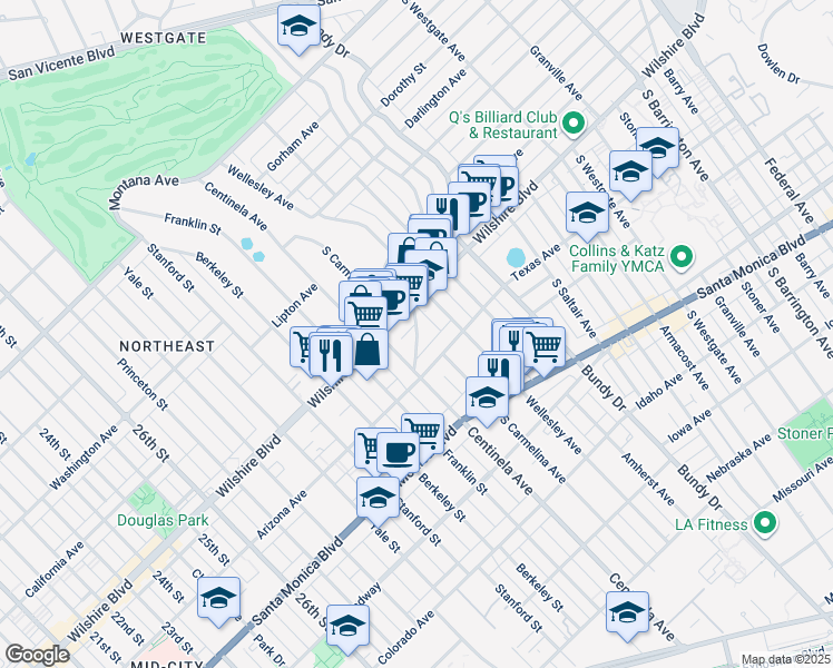 map of restaurants, bars, coffee shops, grocery stores, and more near 1245 McClellan Drive in Los Angeles