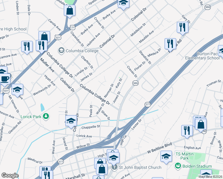 map of restaurants, bars, coffee shops, grocery stores, and more near 1800 Isabel Street in Columbia