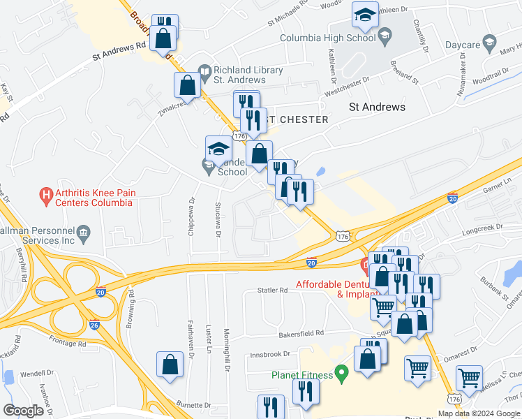 map of restaurants, bars, coffee shops, grocery stores, and more near 222 Old Manor Road in Columbia