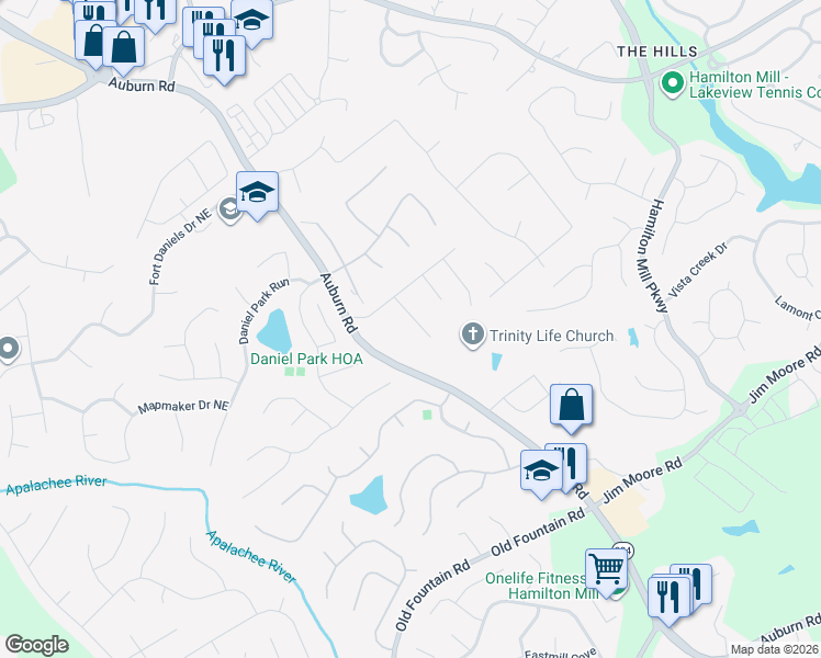 map of restaurants, bars, coffee shops, grocery stores, and more near 1570 Grants Mill Run Northeast in Dacula