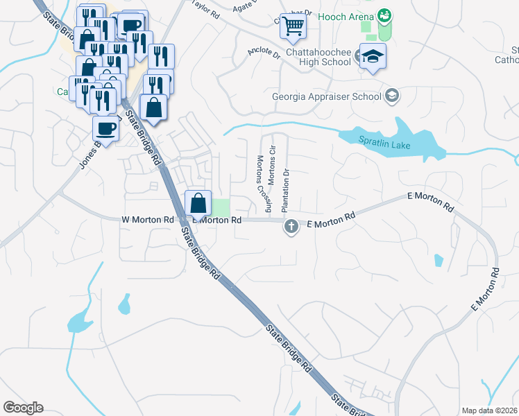 map of restaurants, bars, coffee shops, grocery stores, and more near 1013 Morningside Park Drive in Alpharetta