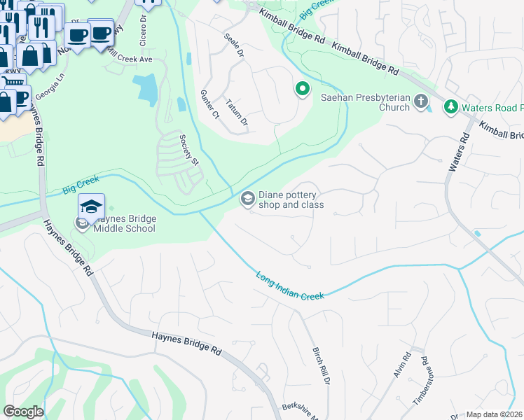 map of restaurants, bars, coffee shops, grocery stores, and more near 1885 Hill Chase in Alpharetta