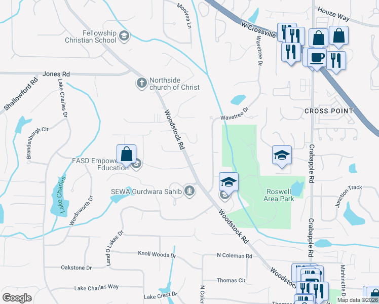 map of restaurants, bars, coffee shops, grocery stores, and more near 500 Middleton Place in Roswell