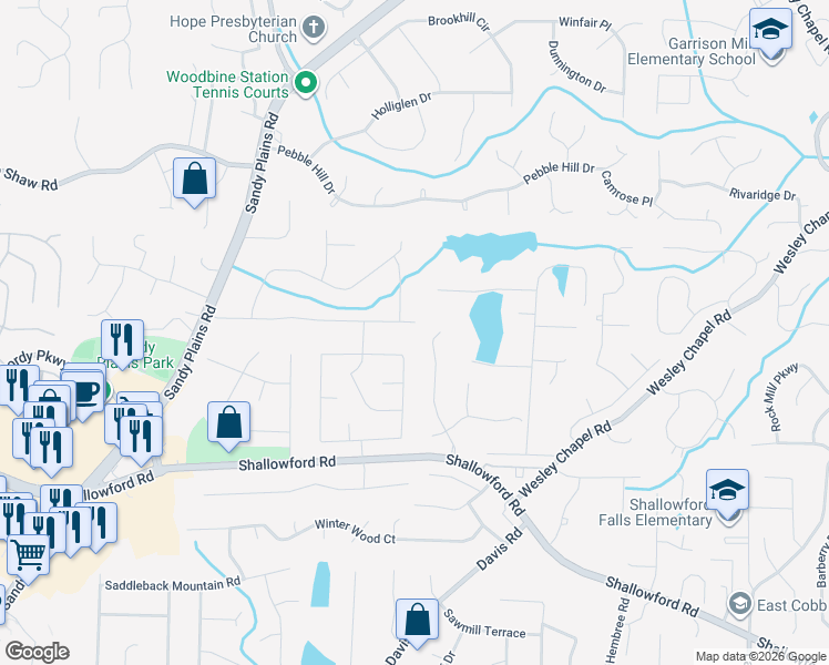 map of restaurants, bars, coffee shops, grocery stores, and more near 3450 Creek Hollow Drive in Marietta
