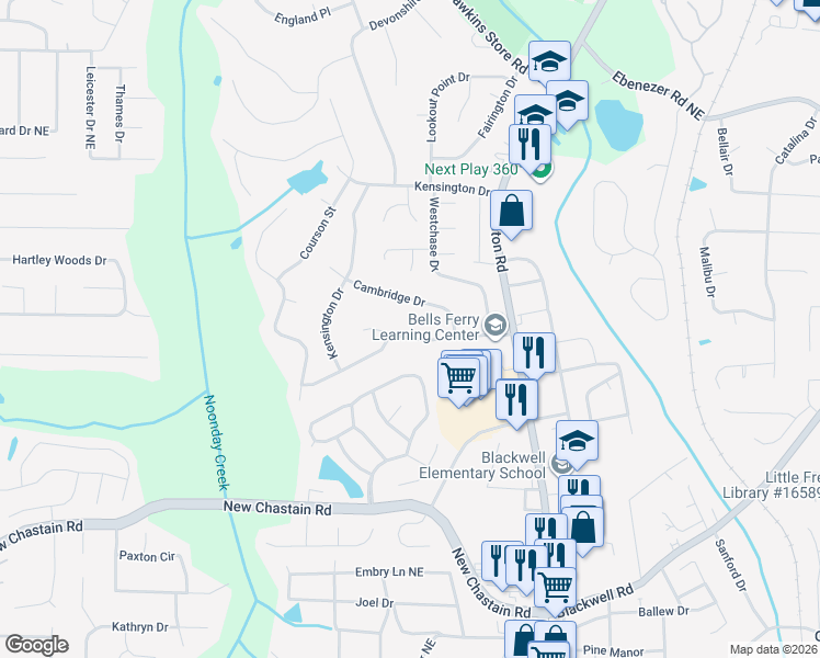 map of restaurants, bars, coffee shops, grocery stores, and more near 595 Coventry Drive in Marietta