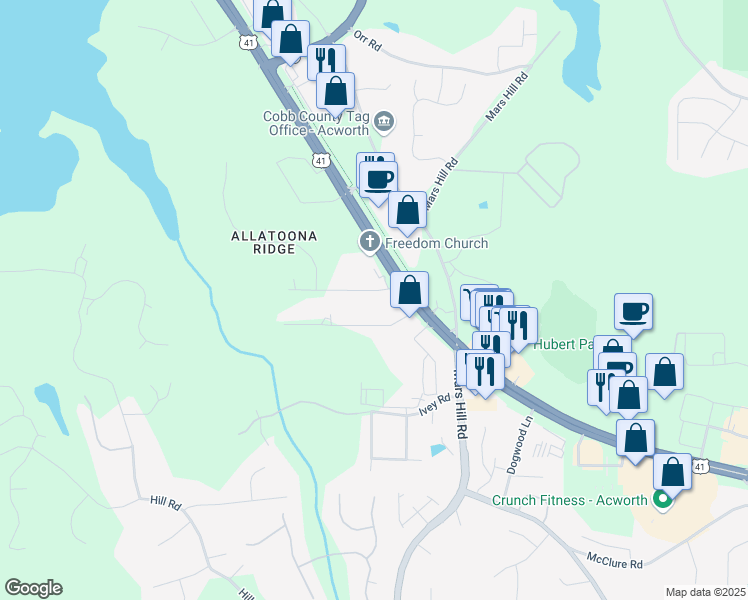 map of restaurants, bars, coffee shops, grocery stores, and more near 5000 Womack Avenue in Acworth