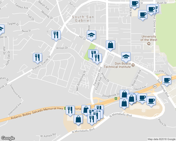 map of restaurants, bars, coffee shops, grocery stores, and more near 1829 Rainbow Terrace Lane in Montebello