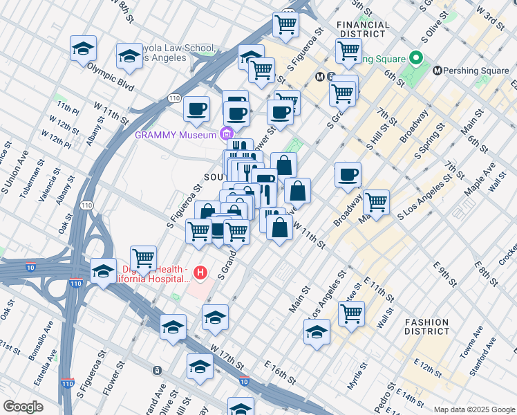 map of restaurants, bars, coffee shops, grocery stores, and more near 1111 South Grand Avenue in Los Angeles