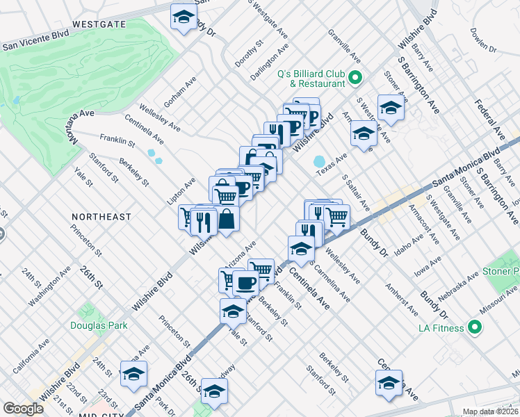 map of restaurants, bars, coffee shops, grocery stores, and more near 1245 McClellan Drive in Los Angeles