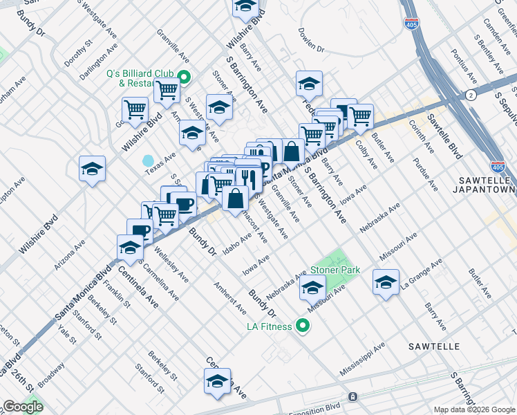 map of restaurants, bars, coffee shops, grocery stores, and more near 1529 South Westgate Avenue in Los Angeles