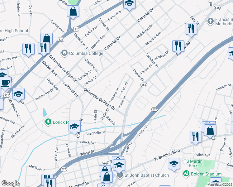map of restaurants, bars, coffee shops, grocery stores, and more near 1800 Isabel Street in Columbia
