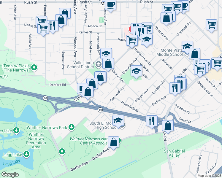 map of restaurants, bars, coffee shops, grocery stores, and more near 1227 Esteban Torres Drive in South El Monte