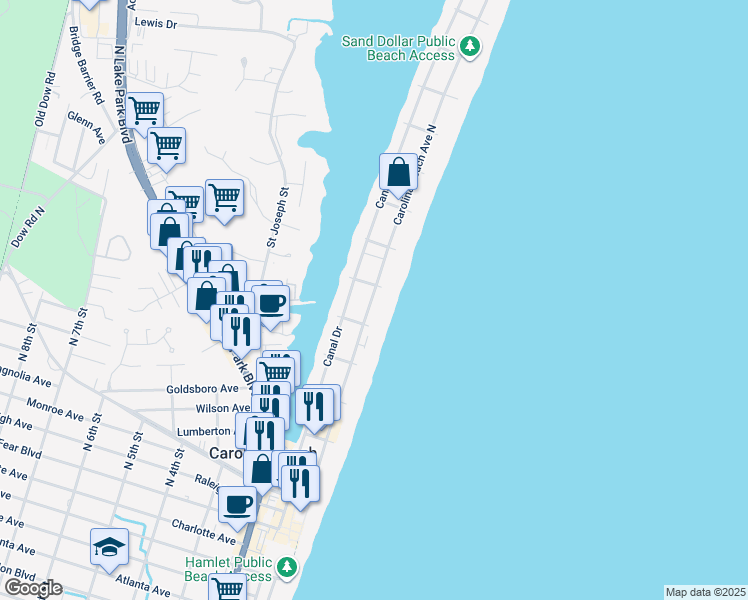 map of restaurants, bars, coffee shops, grocery stores, and more near 612 Carolina Beach Avenue North in Carolina Beach
