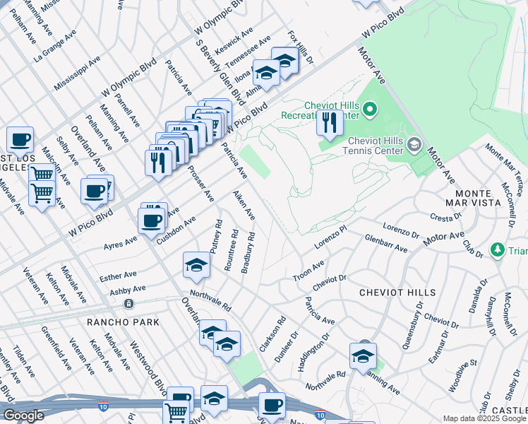 map of restaurants, bars, coffee shops, grocery stores, and more near 2565 Patricia Avenue in Los Angeles