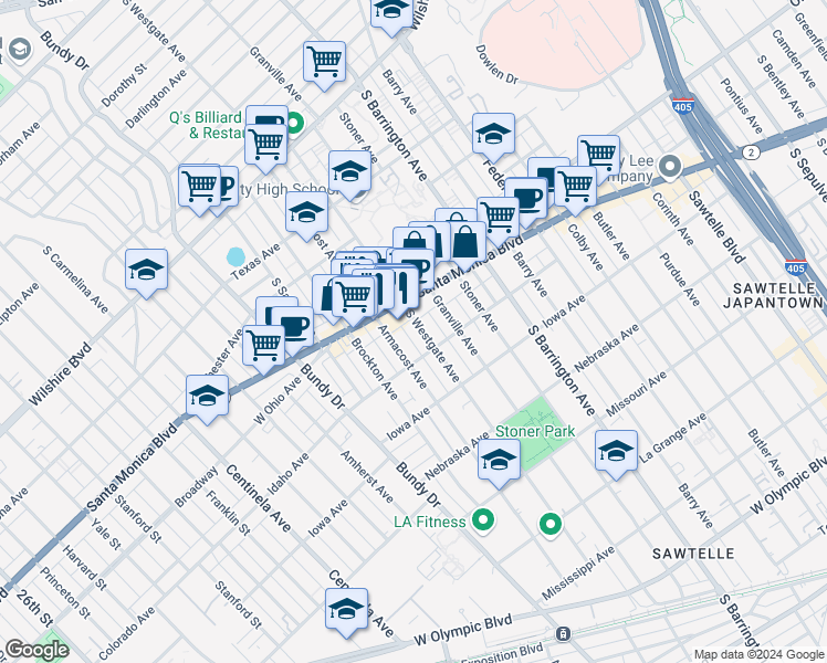 map of restaurants, bars, coffee shops, grocery stores, and more near 1529 South Westgate Avenue in Los Angeles