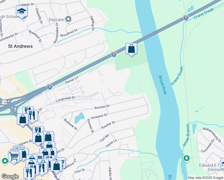 map of restaurants, bars, coffee shops, grocery stores, and more near 1800 Longcreek Drive in Columbia
