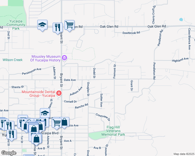 map of restaurants, bars, coffee shops, grocery stores, and more near 35574 Date Street in Yucaipa