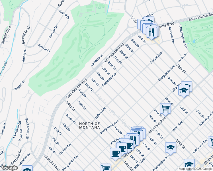 map of restaurants, bars, coffee shops, grocery stores, and more near 308 19th Street in Santa Monica