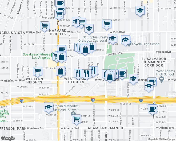 map of restaurants, bars, coffee shops, grocery stores, and more near 1745 South Kingsley Drive in Los Angeles
