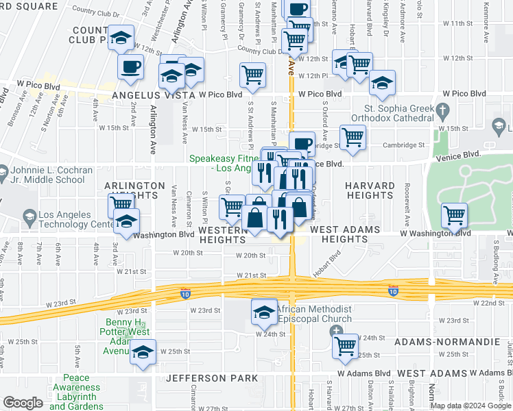 map of restaurants, bars, coffee shops, grocery stores, and more near 1808 South Saint Andrews Place in Los Angeles