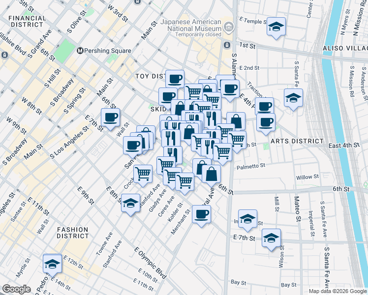 map of restaurants, bars, coffee shops, grocery stores, and more near 555 Gladys Avenue in Los Angeles