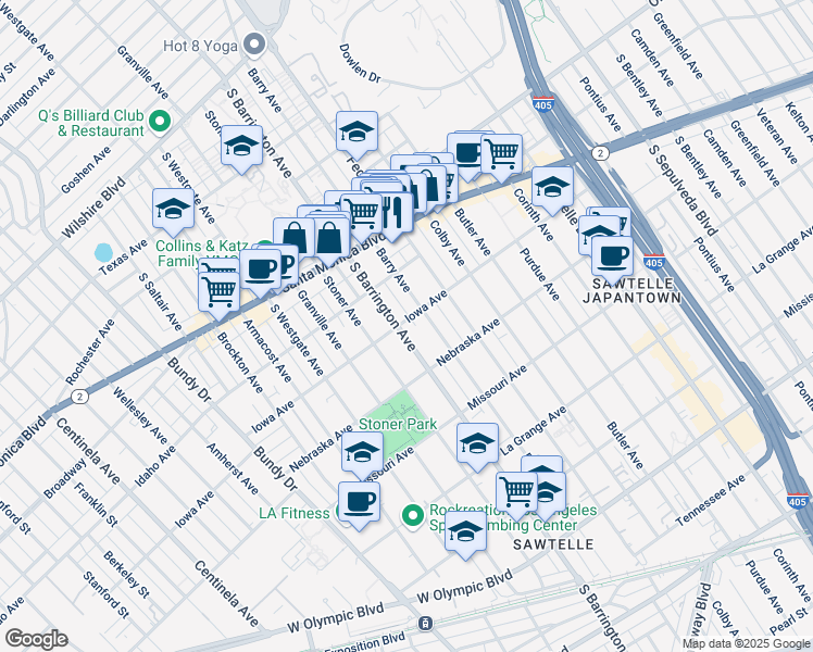 map of restaurants, bars, coffee shops, grocery stores, and more near 11670 Iowa Avenue in Los Angeles
