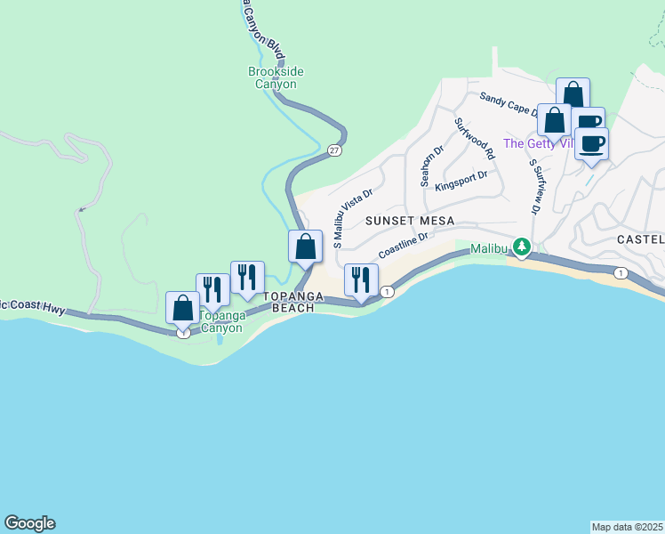 map of restaurants, bars, coffee shops, grocery stores, and more near 3925 South Malibu Vista Drive in Malibu