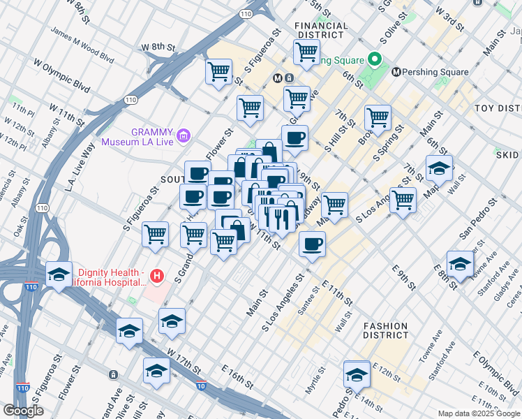 map of restaurants, bars, coffee shops, grocery stores, and more near 1020 South Olive Street in Los Angeles
