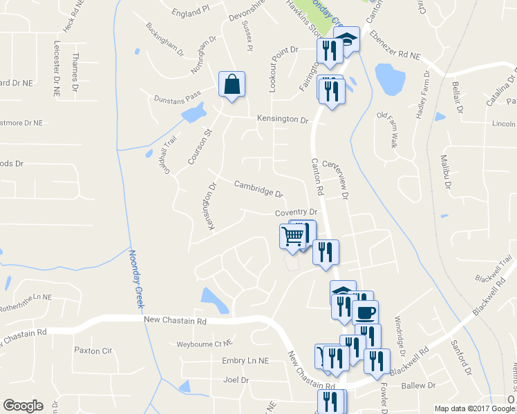 map of restaurants, bars, coffee shops, grocery stores, and more near 595 Coventry Drive in Marietta