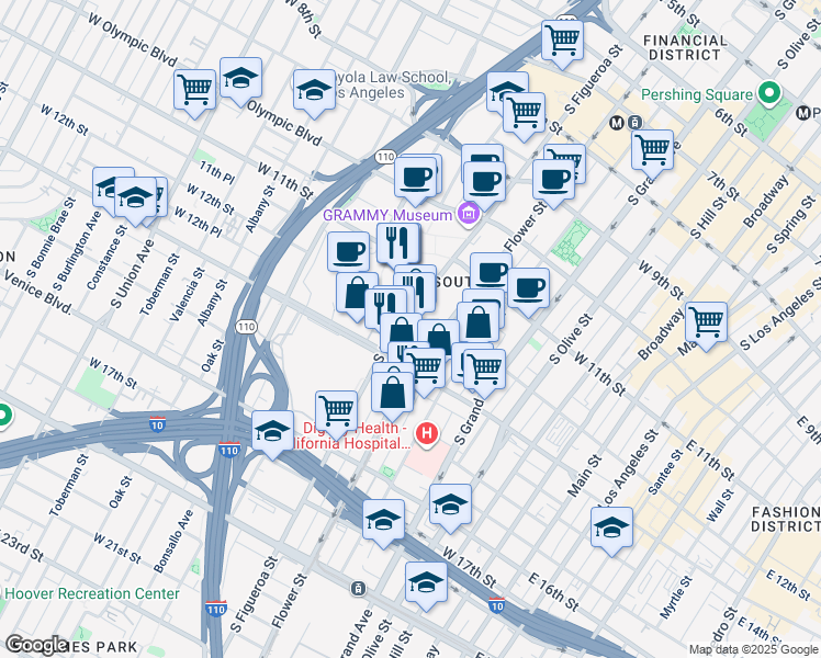 map of restaurants, bars, coffee shops, grocery stores, and more near 1200 South Figueroa Street in Los Angeles