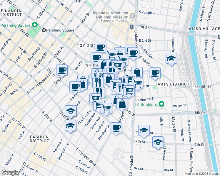 map of restaurants, bars, coffee shops, grocery stores, and more near 555 Gladys Avenue in Los Angeles