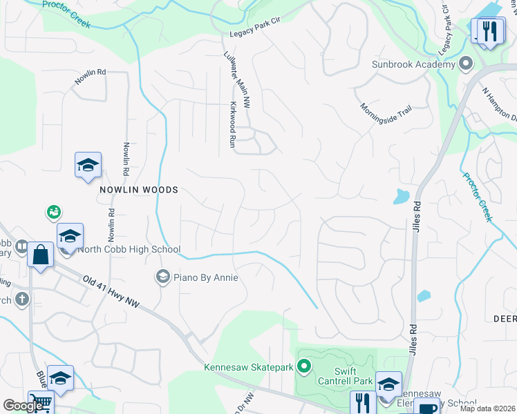 map of restaurants, bars, coffee shops, grocery stores, and more near 2630 Myrtlewood Lane Northwest in Kennesaw