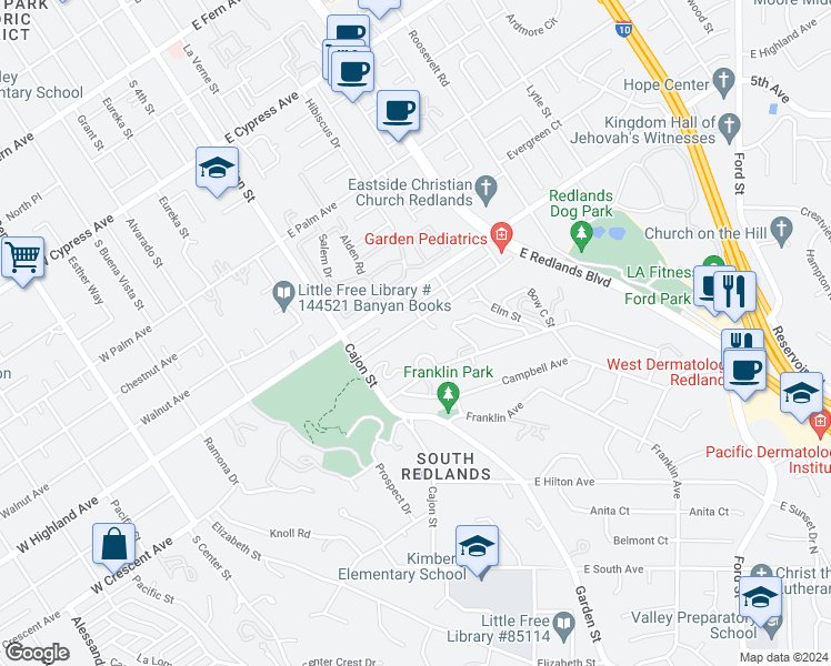 map of restaurants, bars, coffee shops, grocery stores, and more near 102 East Crescent Avenue in Redlands