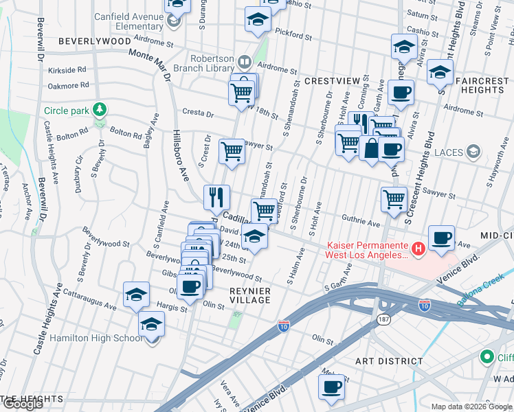 map of restaurants, bars, coffee shops, grocery stores, and more near 2011 South Shenandoah Street in Los Angeles