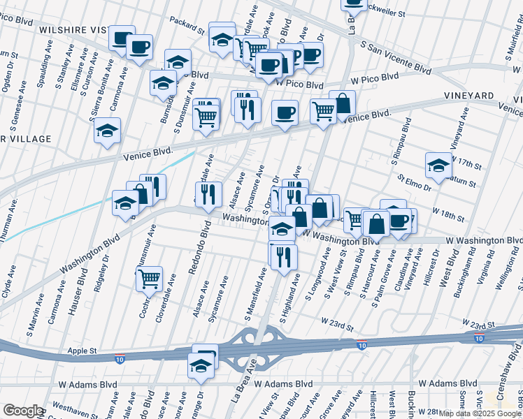 map of restaurants, bars, coffee shops, grocery stores, and more near 1861 South Orange Drive in Los Angeles