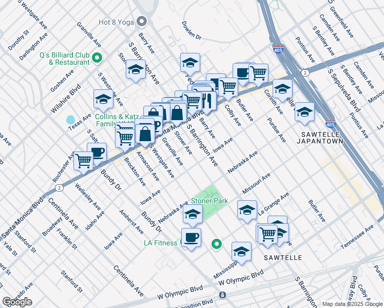 map of restaurants, bars, coffee shops, grocery stores, and more near Stoner Avenue in Los Angeles